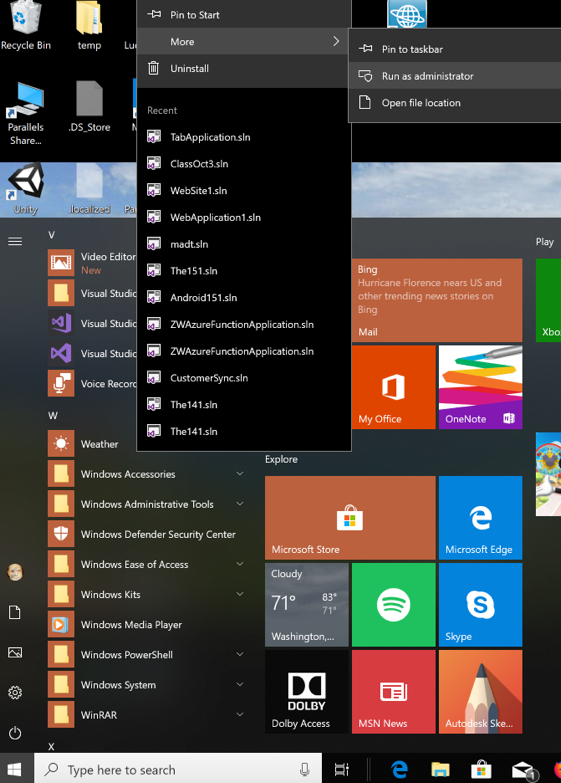 Recycle Bin 
Parallels 
" Unjny 
v 
w 
tern p 
.DS_Store 
locai'zcc 
Lu 
Video Edit 
New 
Visual Stu 
Visual Stu 
Visual Stu 
Voice Rec 
Pin to Start 
More 
Uninstall 
Recent 
TabApplication.sln 
ClassOct3.sln 
WebSite1 sln 
WebApplication1 .sln 
madt.sln 
The151sln 
Android 151 .sln 
ZWAzureFunctionApplication.sln 
ZWAzureFunctionApplication.sln 
CustomerSync.sln 
The141sln 
The141sln 
Explore 
Pin to ta! 
Run as a. 
Open file 
ing 
urricane Flor 
ther trending 
Ing 
Windows Accessories 
Windows Administrative Tools 
Windows Defender Security Center 
oft Store 
Windows Ease of Access 
Cloudy 